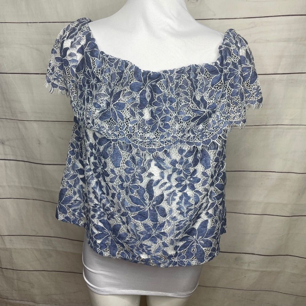 Code x Mode blue white lace off shoulder crop top medium